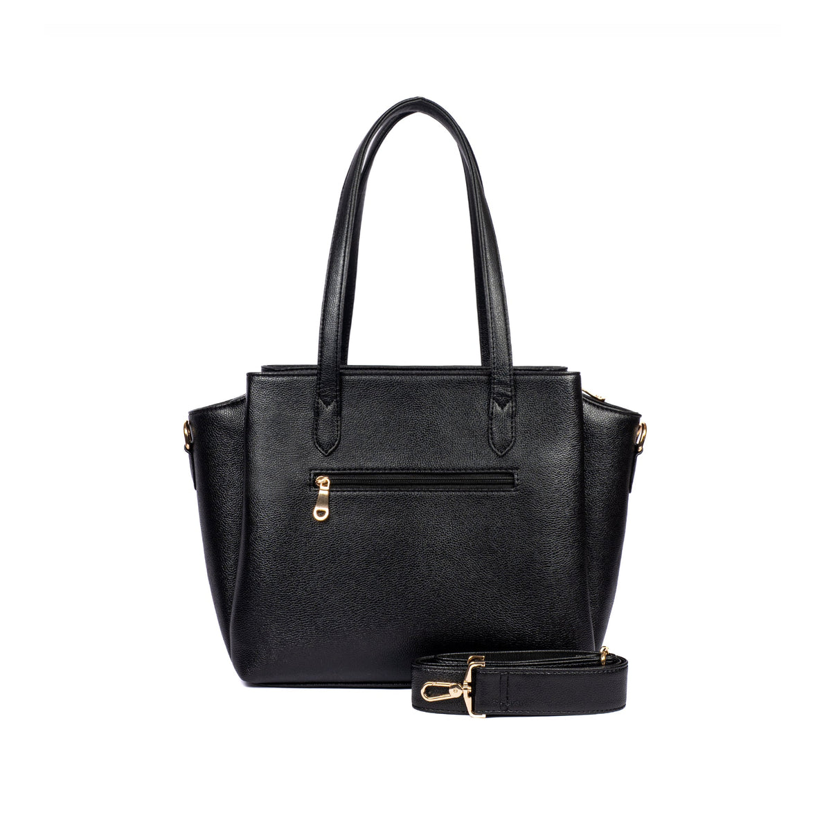 Charcoal structured tote bag with top handles, front zipper pocket, and crossbody strap set.