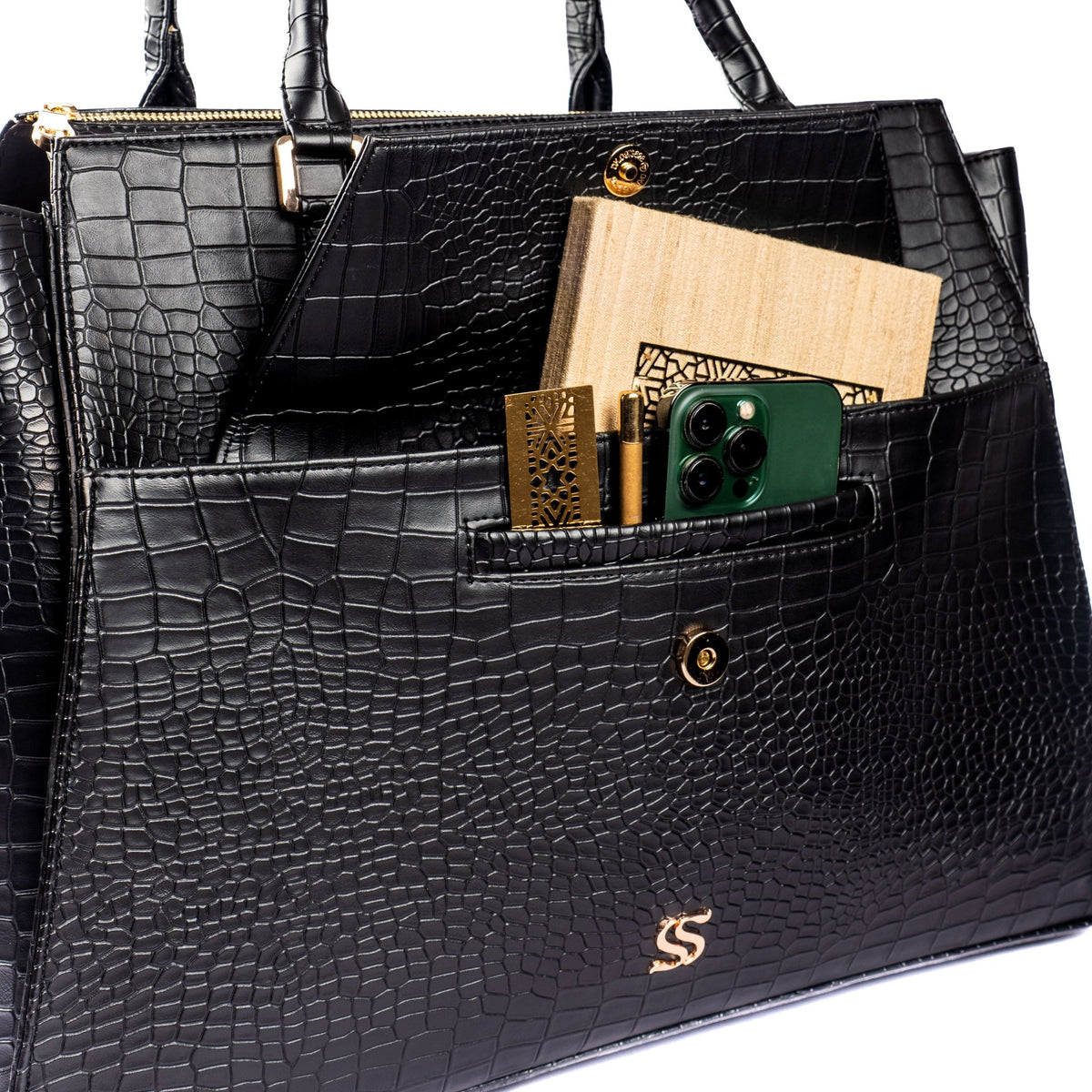 Charcoal croc-textured tote bag interior with multiple compartments and zip pocket
