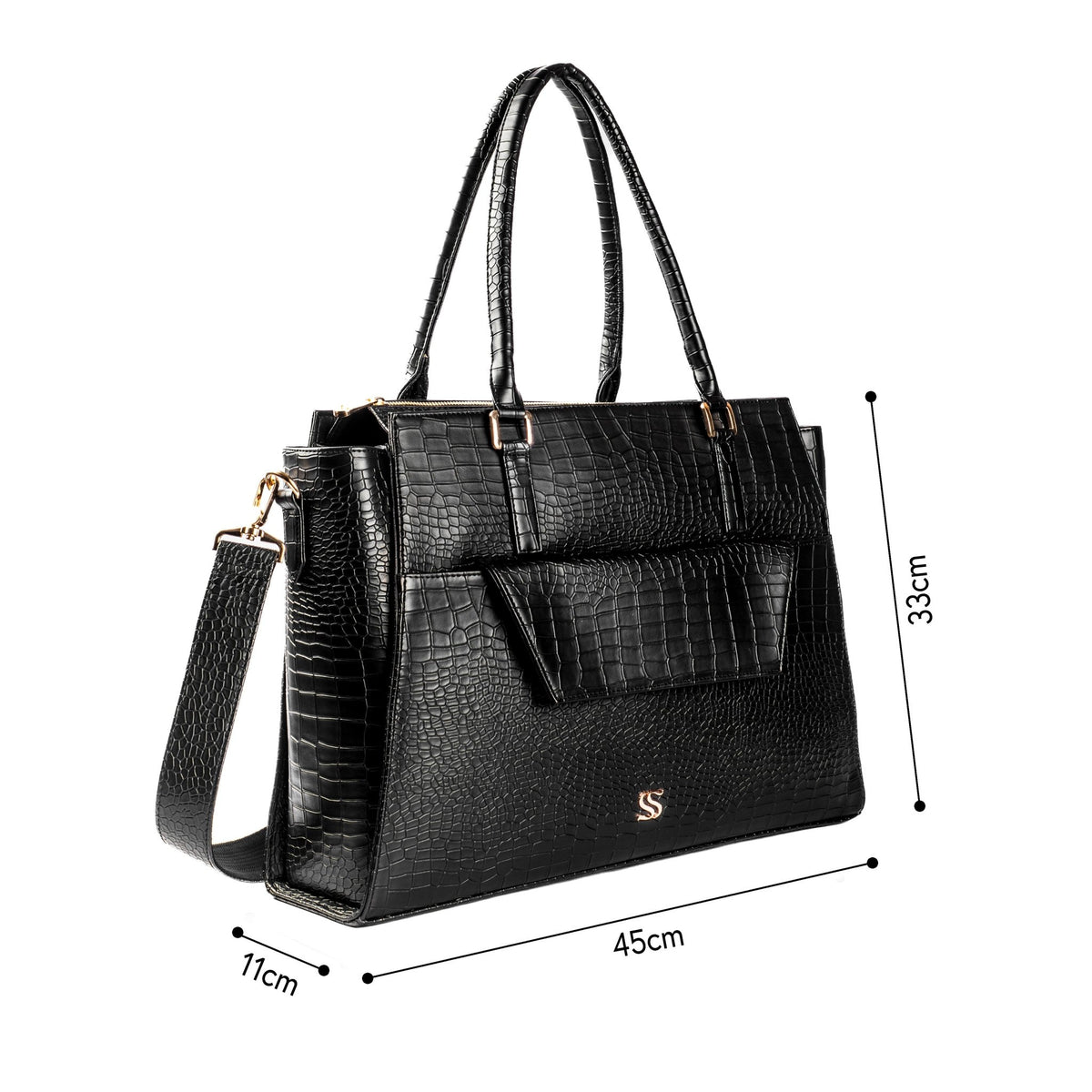 Charcoal croc-textured large tote bag with top handles and detachable crossbody strap