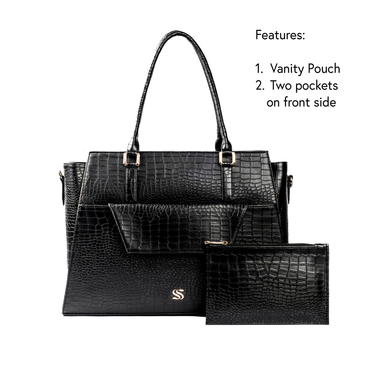 Charcoal croc-textured tote bag with front pocket plus matching pouch