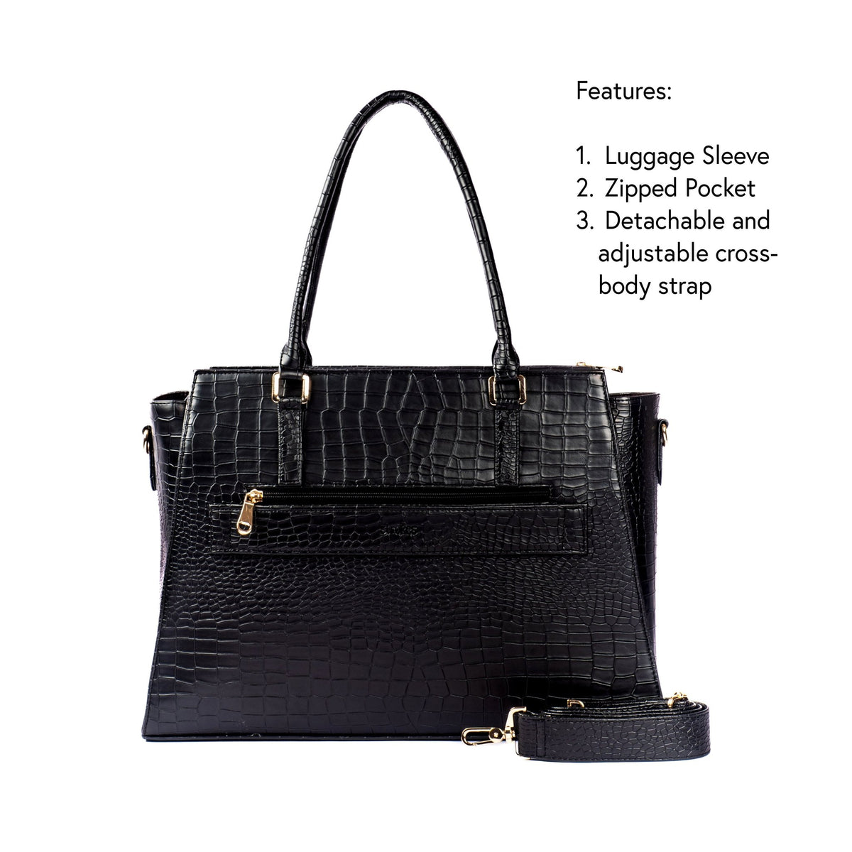 Charcoal croc-textured tote bag with top handles and detachable crossbody strap