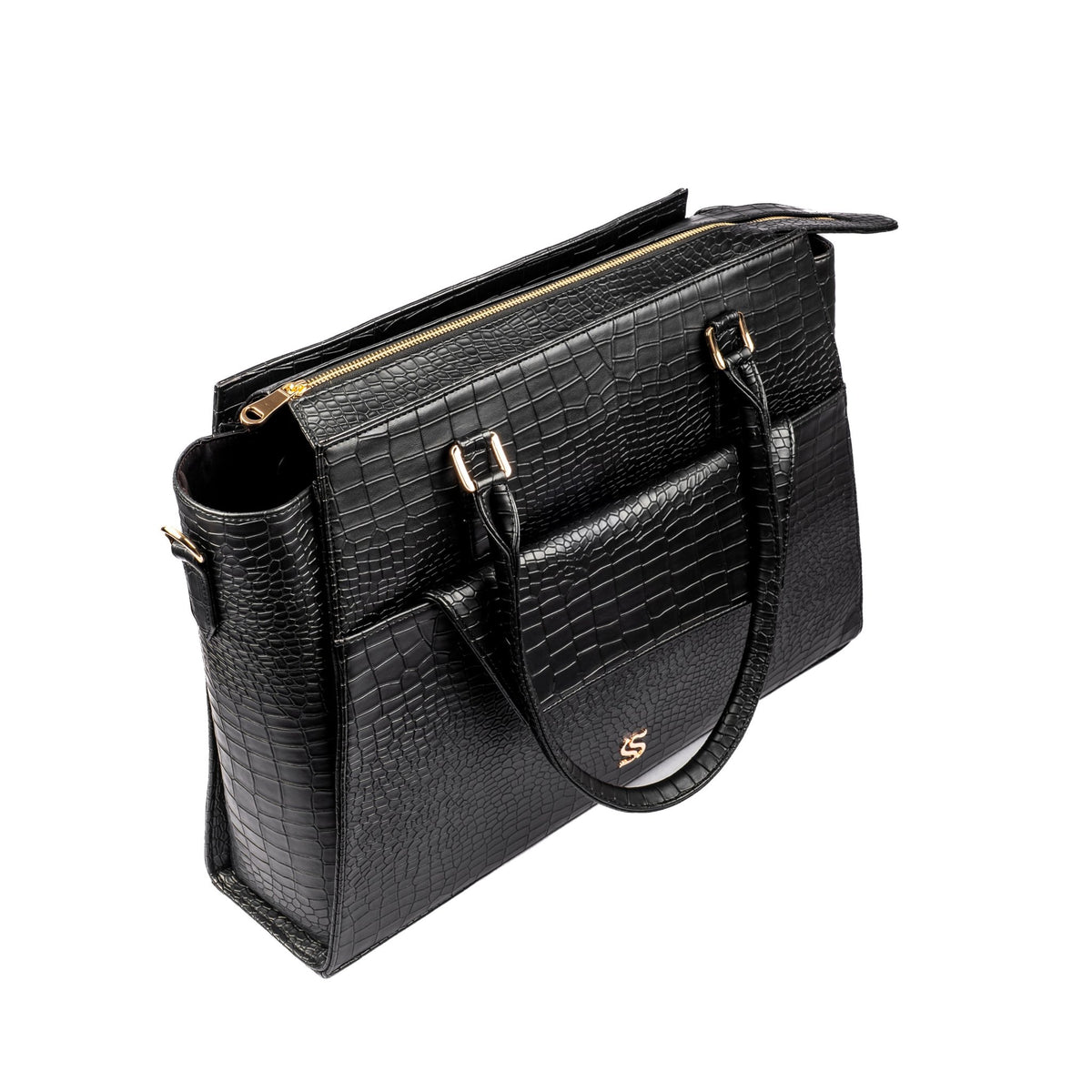 Charcoal croc-textured tote bag with top handles, front zipper pocket, and gold hardware
