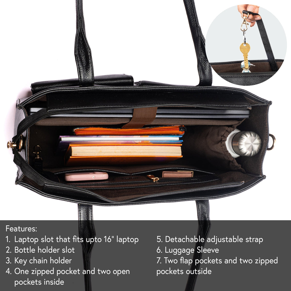 Charcoal tote interior with organizer slots and zipped pockets; adjustable strap visible