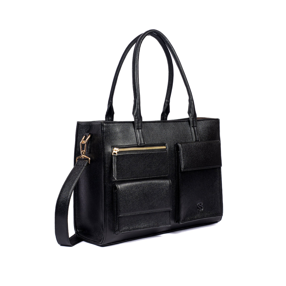Charcoal tote bag with top handles, front pockets, and included crossbody strap