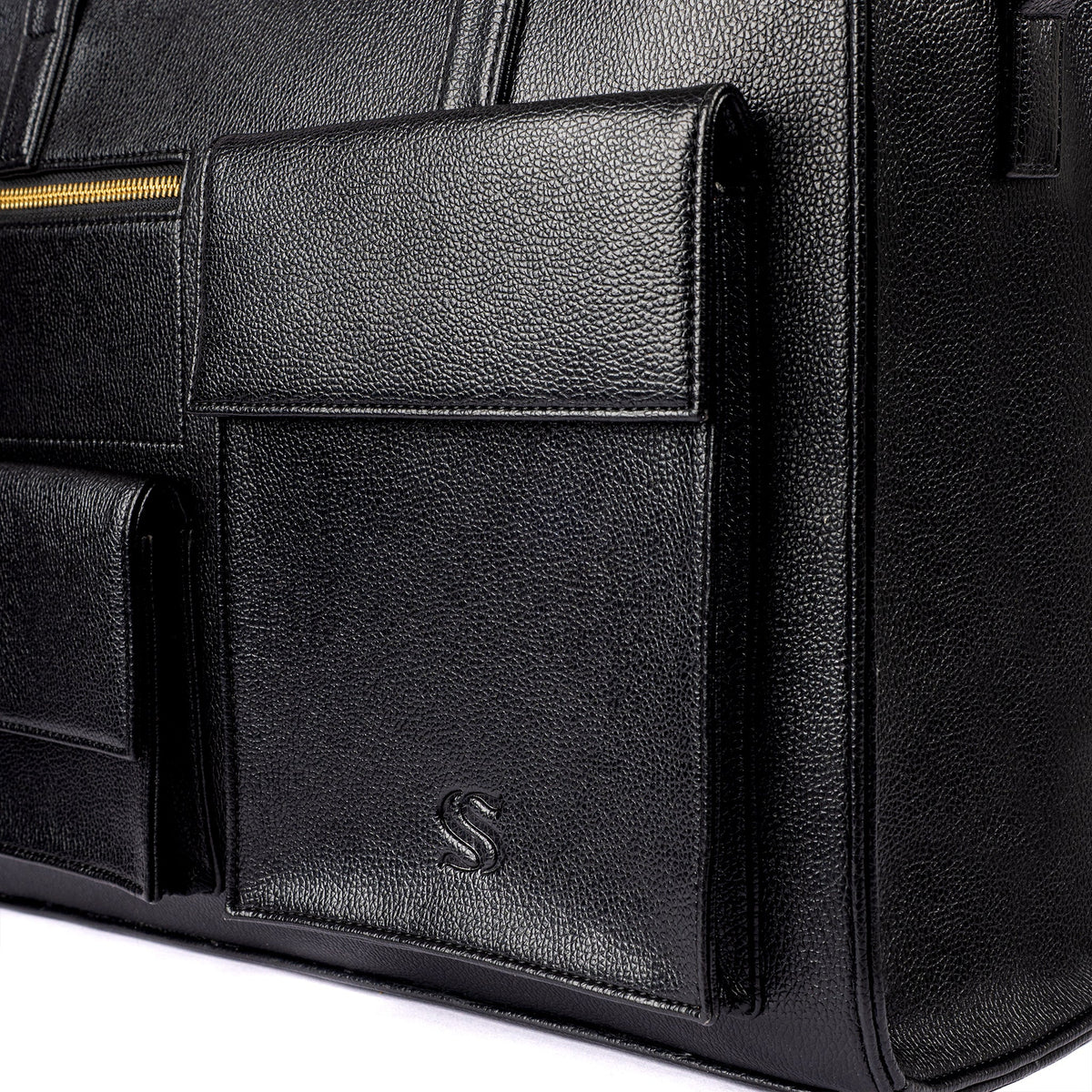 Charcoal leather-look tote with front organizer panel and small logo emblem