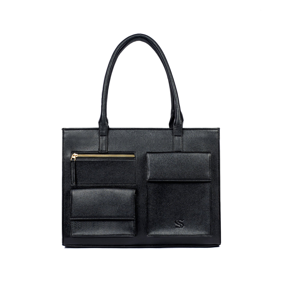 Charcoal tote bag with multiple front compartments and embossed logo on organizer panel