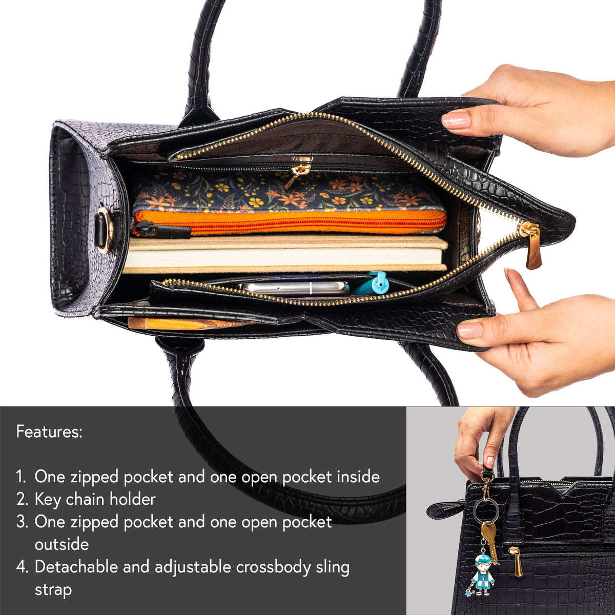 Black croc-embossed handbag open interior with zip pocket and key chain detail