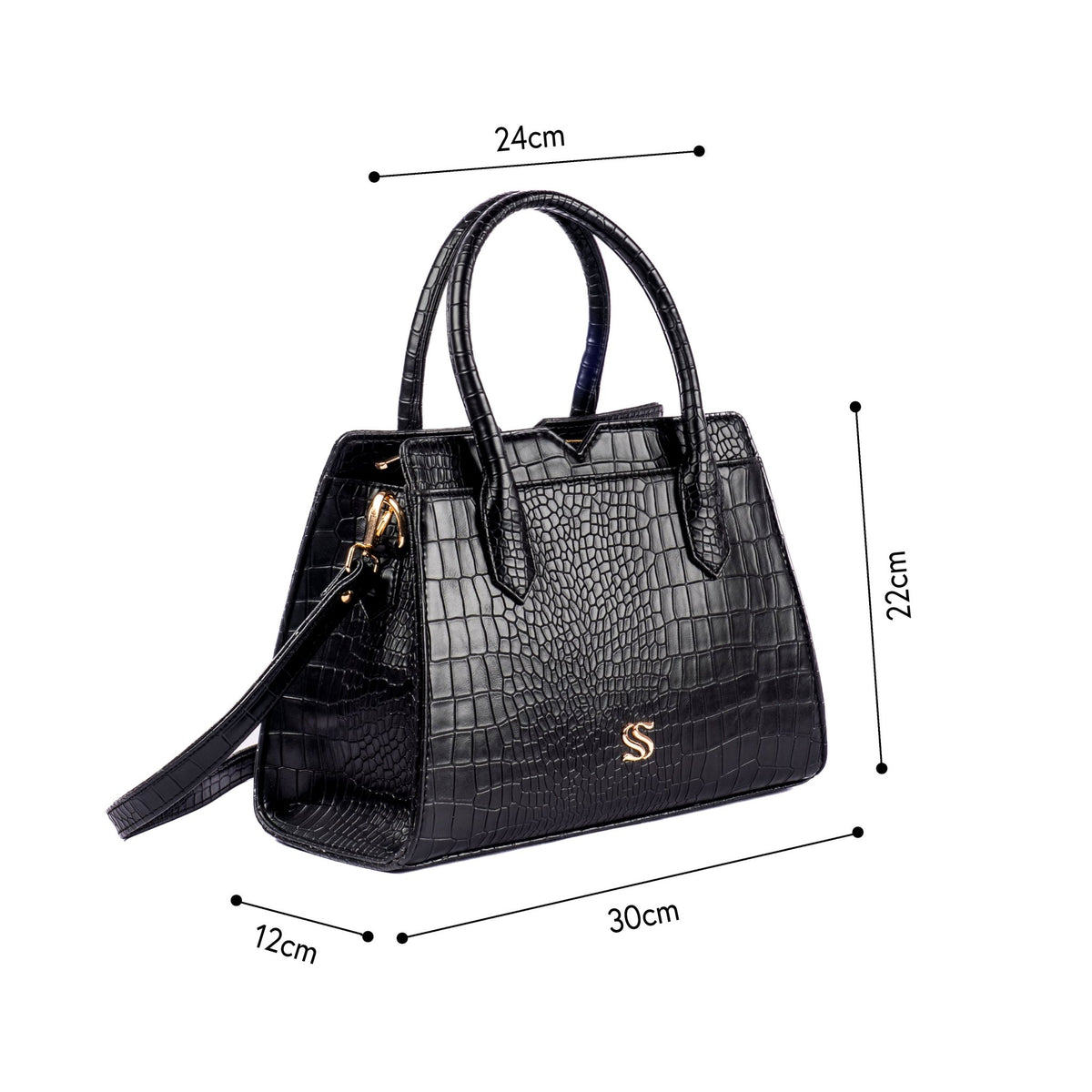 Black croc-embossed handbag with top handles and detachable shoulder strap