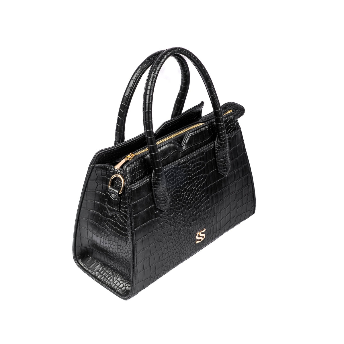 Black croc-embossed handbag with top handles, front clasp, and gold-tone emblem