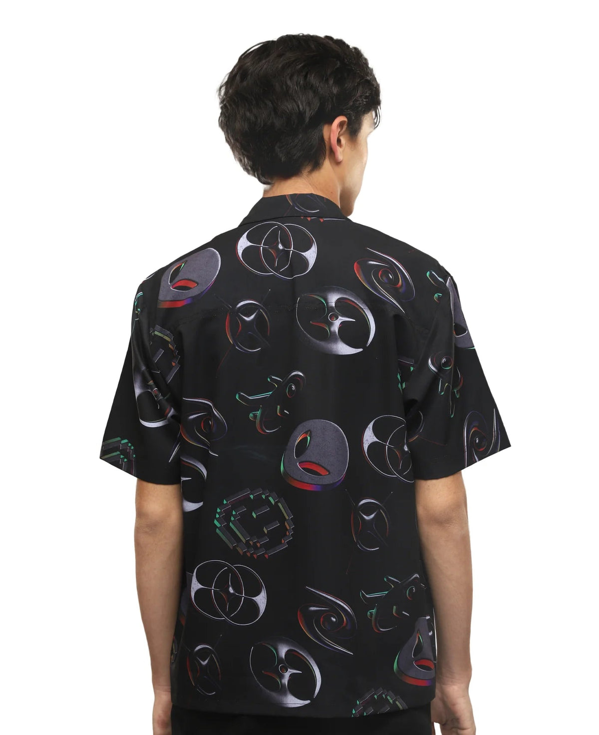 Black short-sleeve shirt with colorful abstract circle and eye-like icons, back view