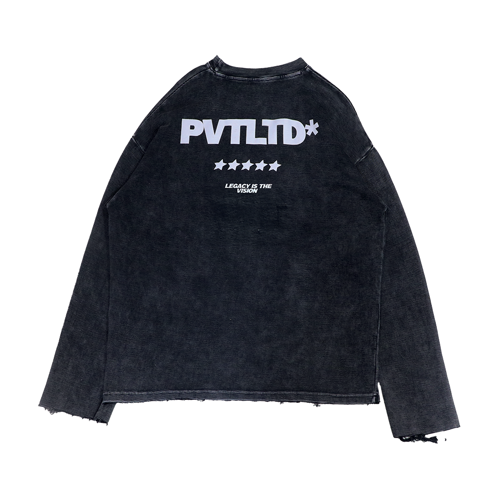 Dark ribbed long-sleeve crewneck sweatshirt with front PVT LTD* logo print