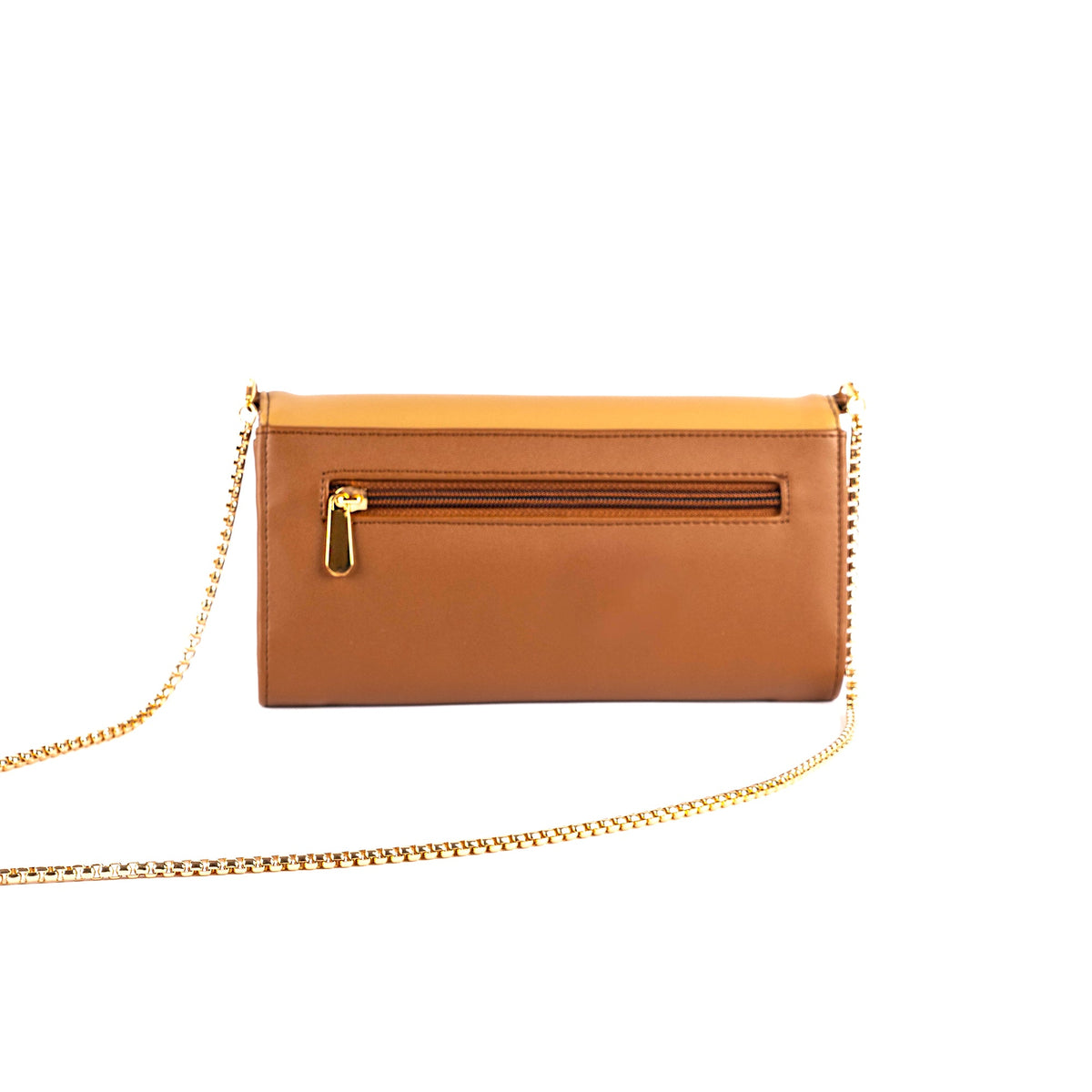 Cinnamon cocoa clutch wallet with front zip pocket and gold chain sling