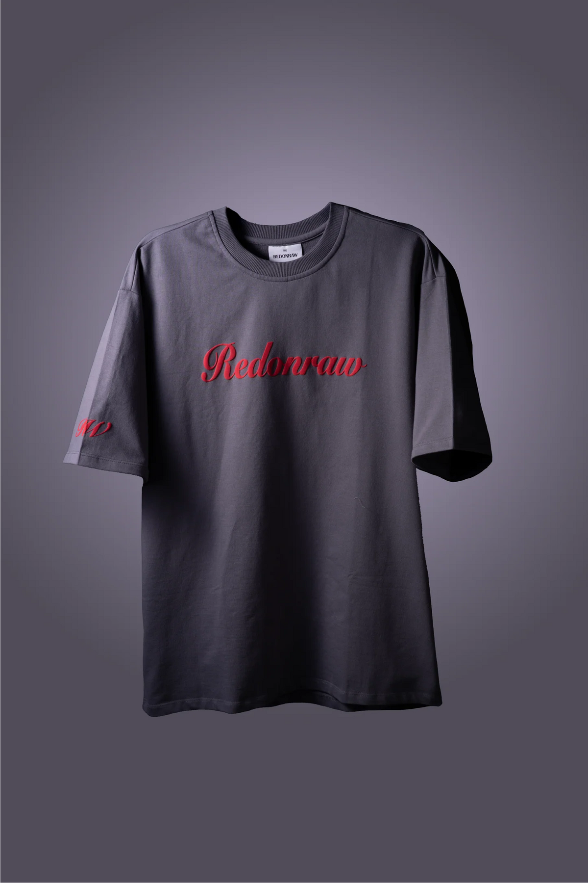 Dark gray T-shirt with red 'Redonraw' script across chest and crew neck