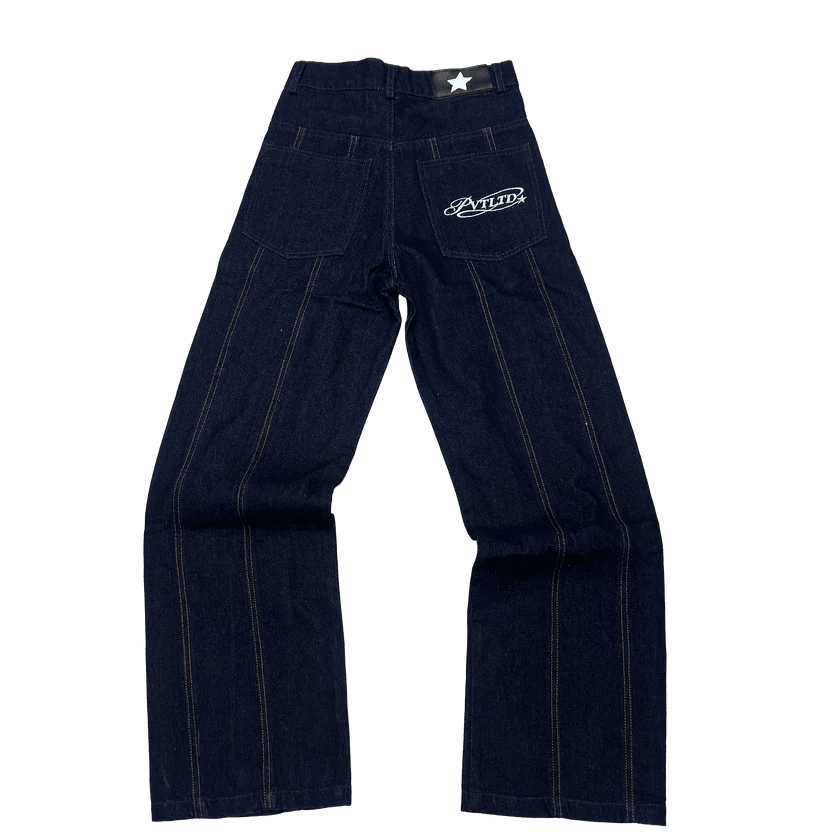 Dark blue denim jeans with belt loops, five-pocket design, contrast yellow seam stitching