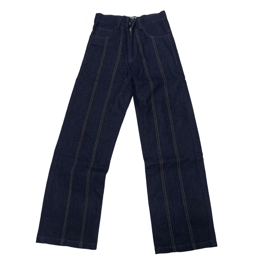 Dark blue straight-leg denim jeans with contrast yellow stitch lines and pocket detailing