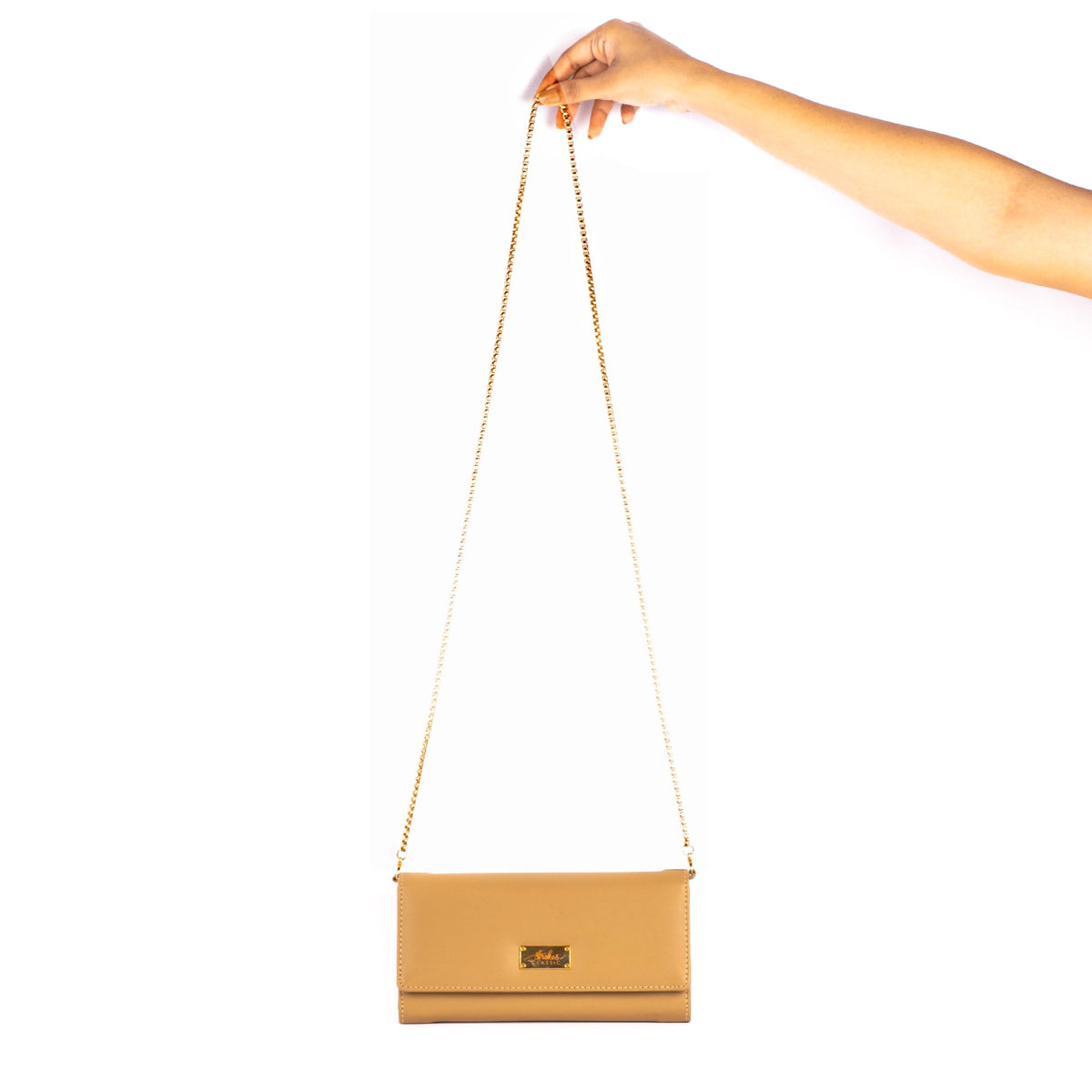 Taupe mini crossbody clutch wallet with gold chain and front flap clasp