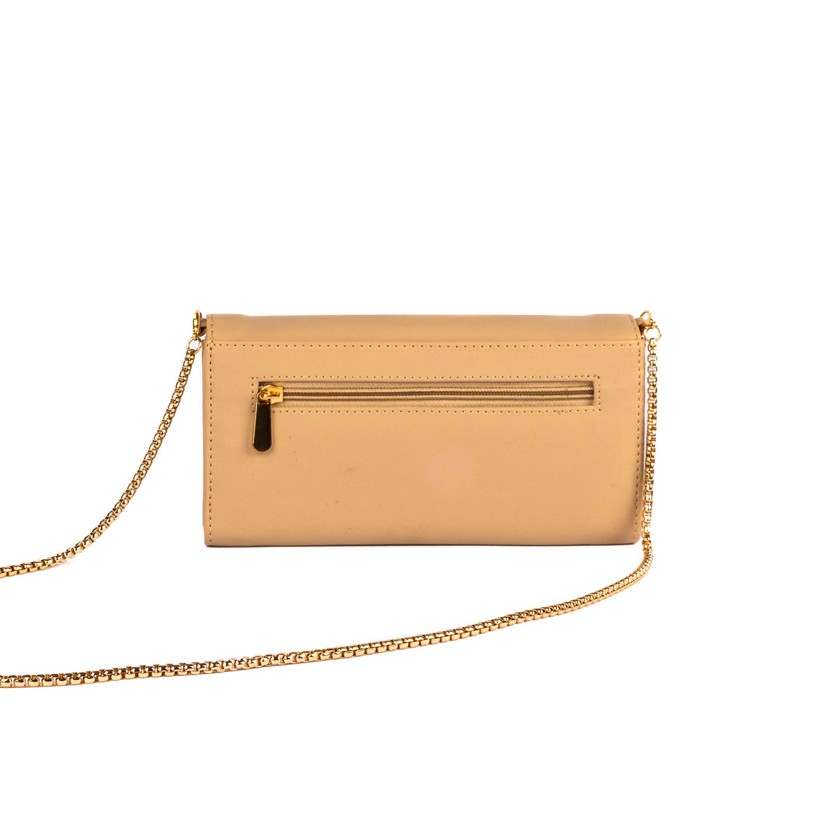 Taupe clutch wallet with gold chain strap and zip front pocket