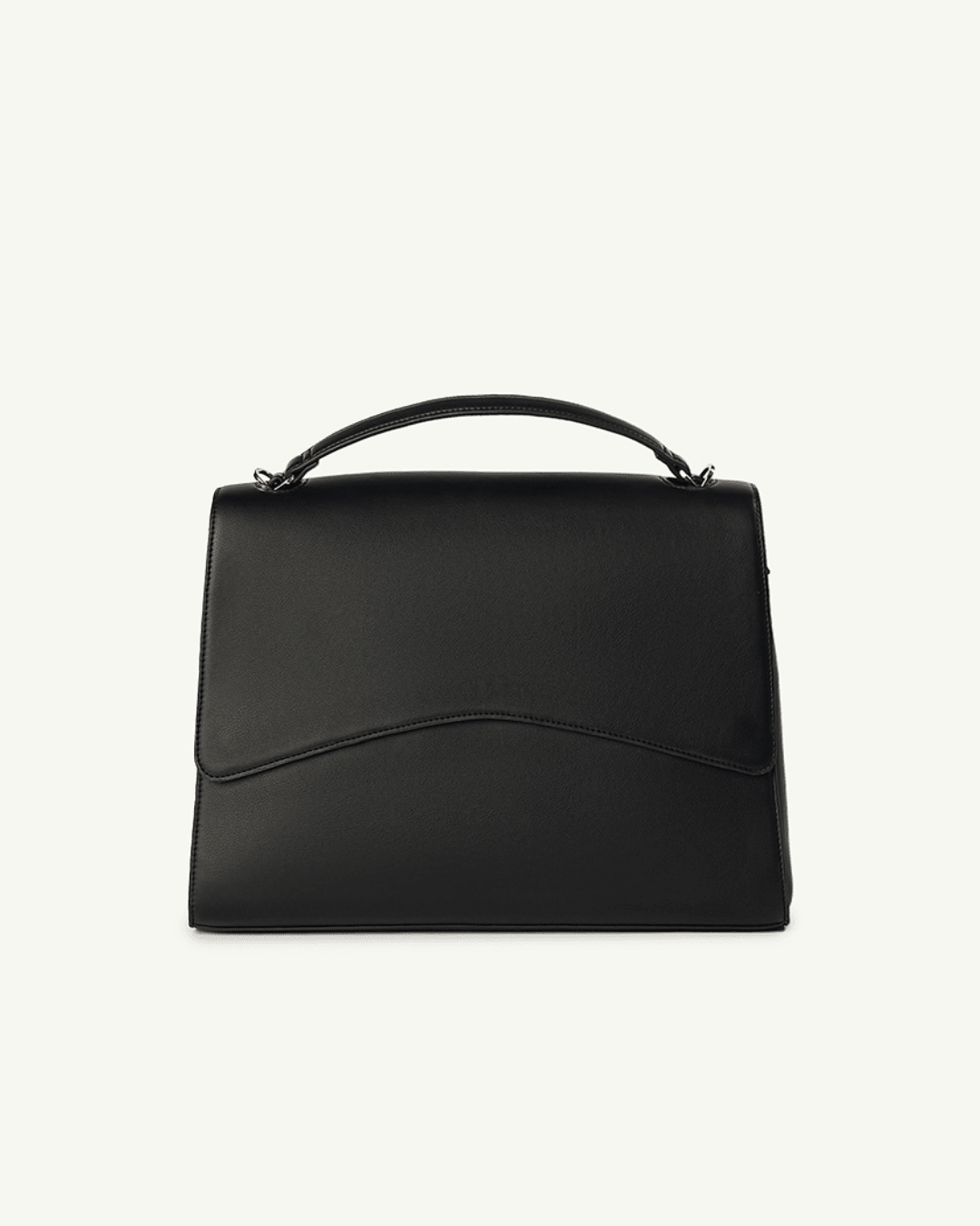 Black structured top-handle handbag with curved front seam and short handles