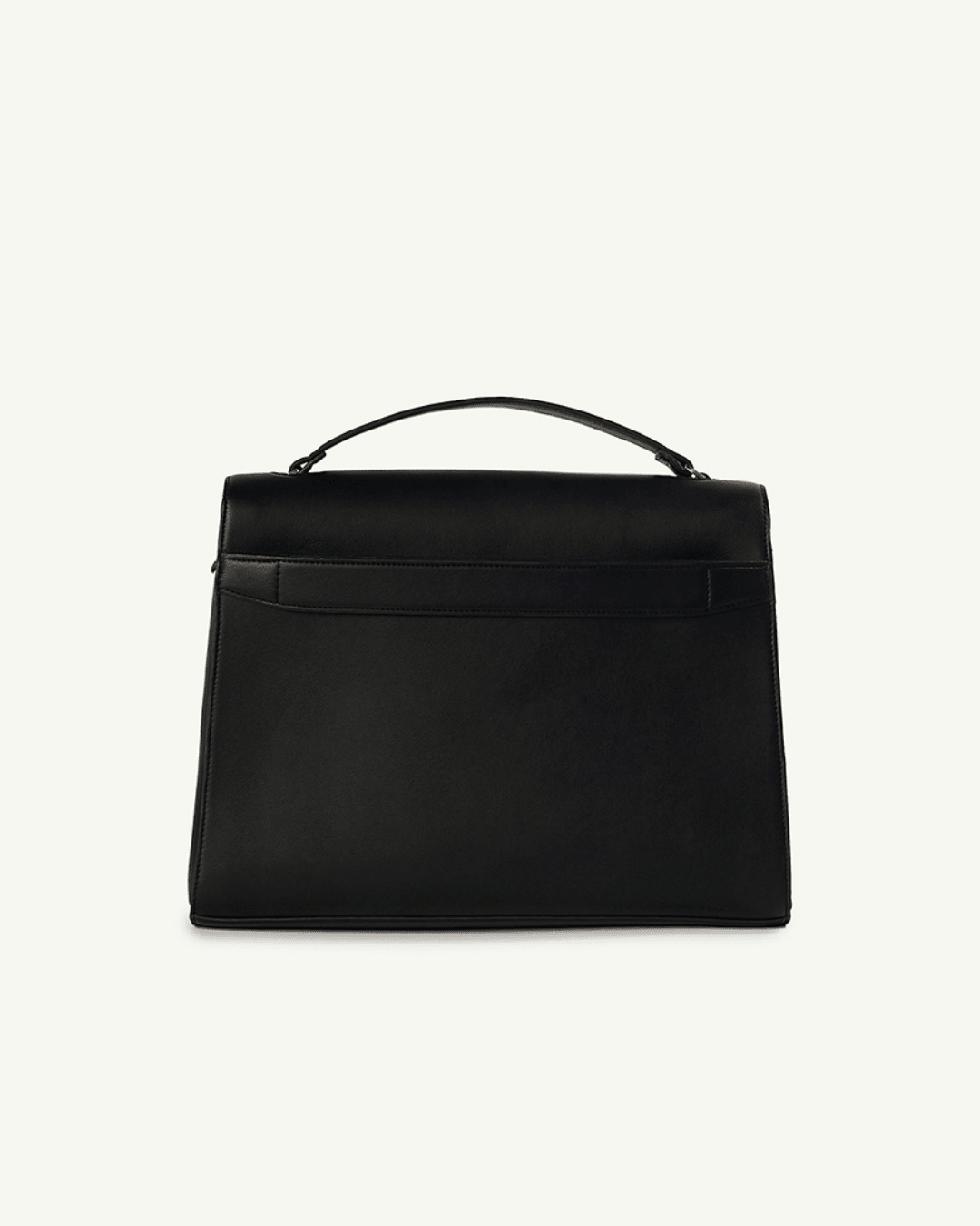 Black handbag with top handle and horizontal front flap