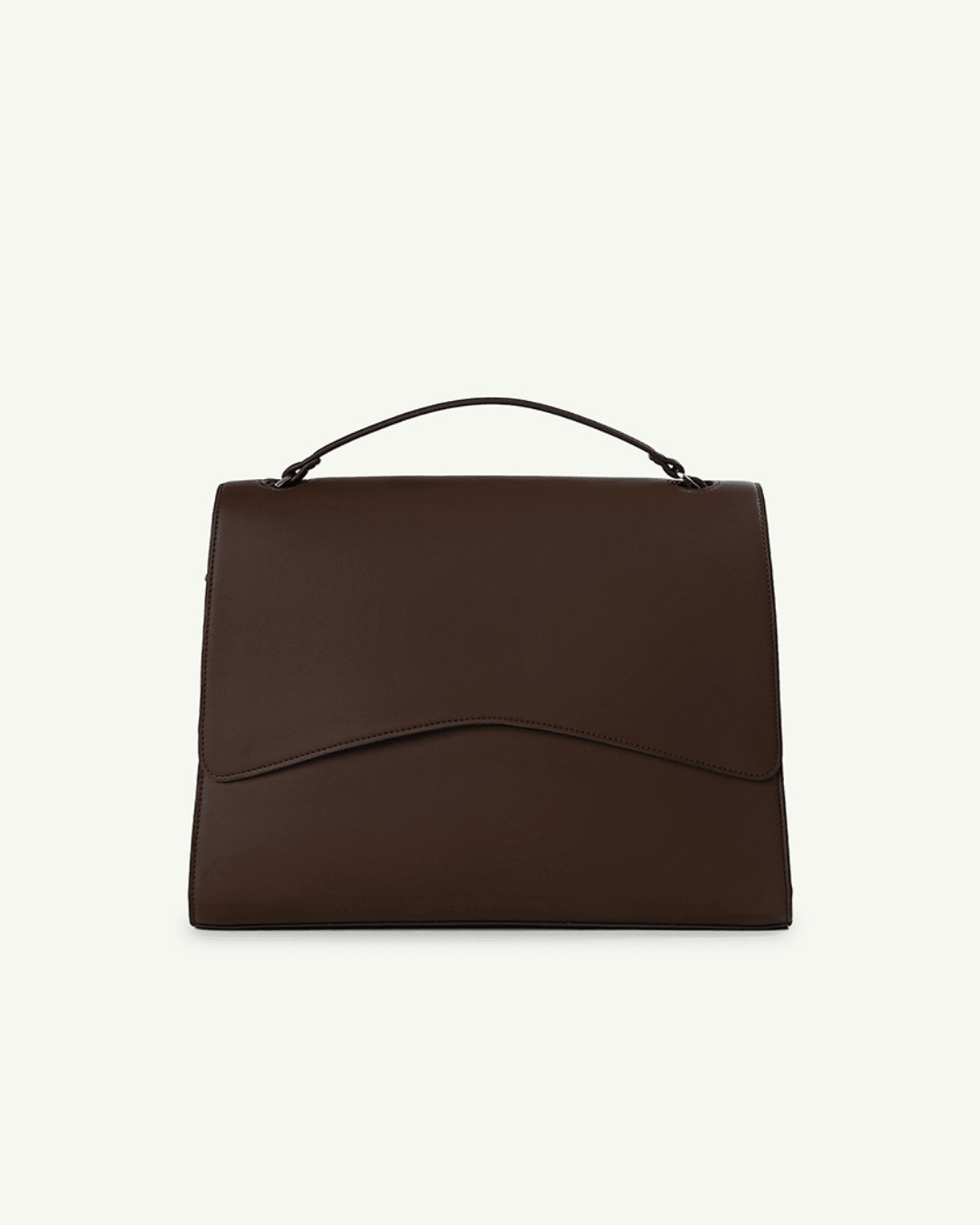 Dark brown handbag with top handles and front flap, front view