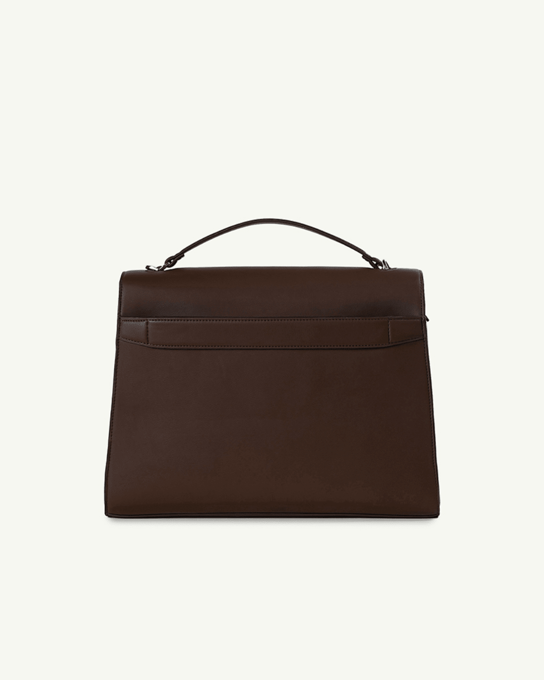 Dark brown handbag with top handle and center front flap