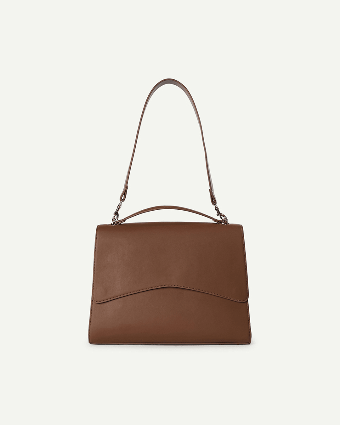 Light brown structured handbag with top handle and front flap detail