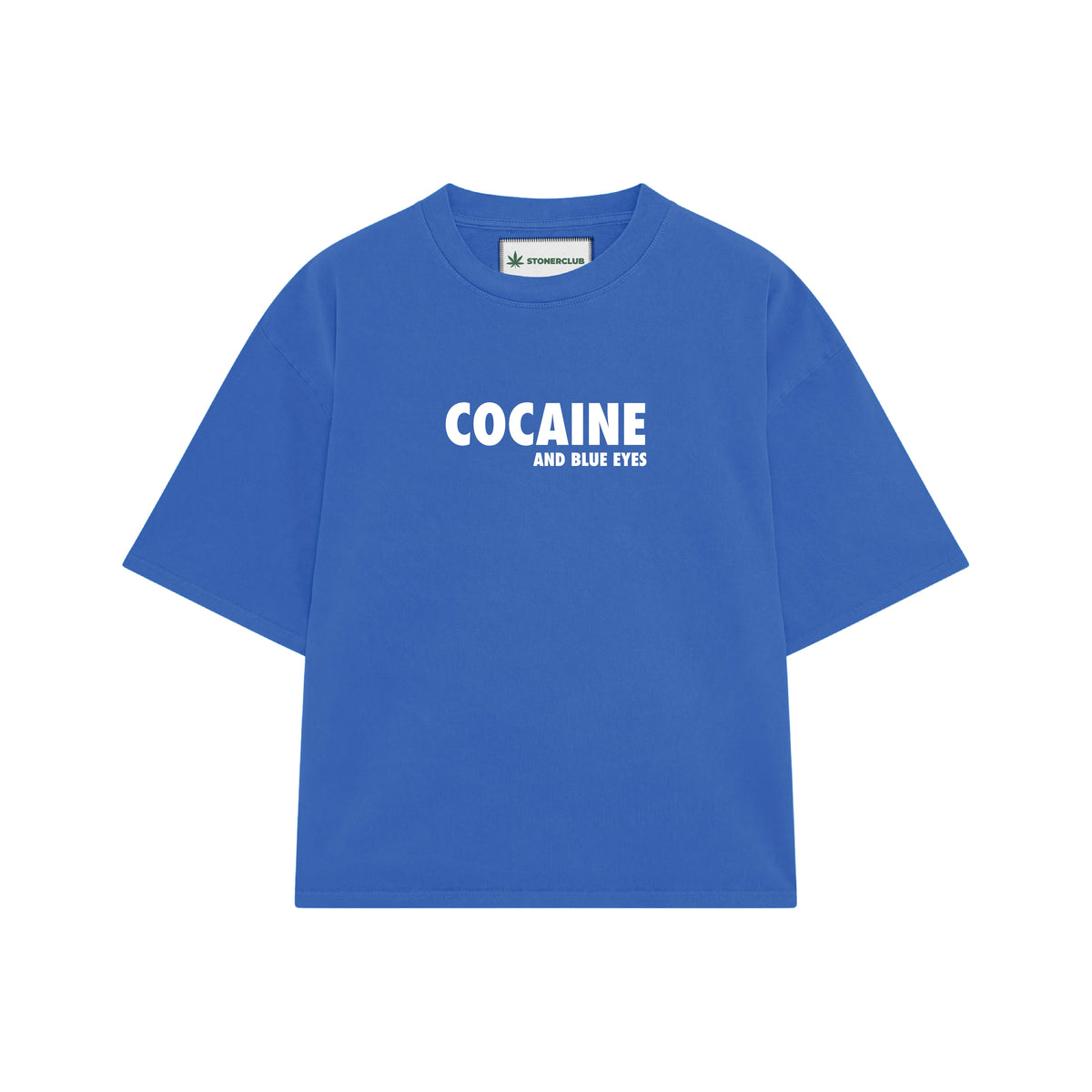 Blue graphic T-shirt with front text 'COCAINE AND BLUE EYES'