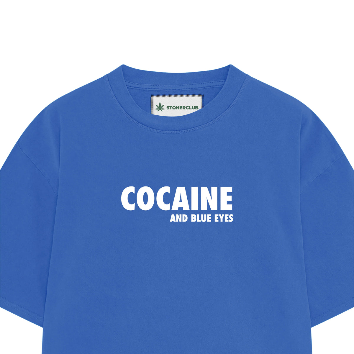 Blue graphic T-shirt close-up with front text 'COCAINE AND BLUE EYES'