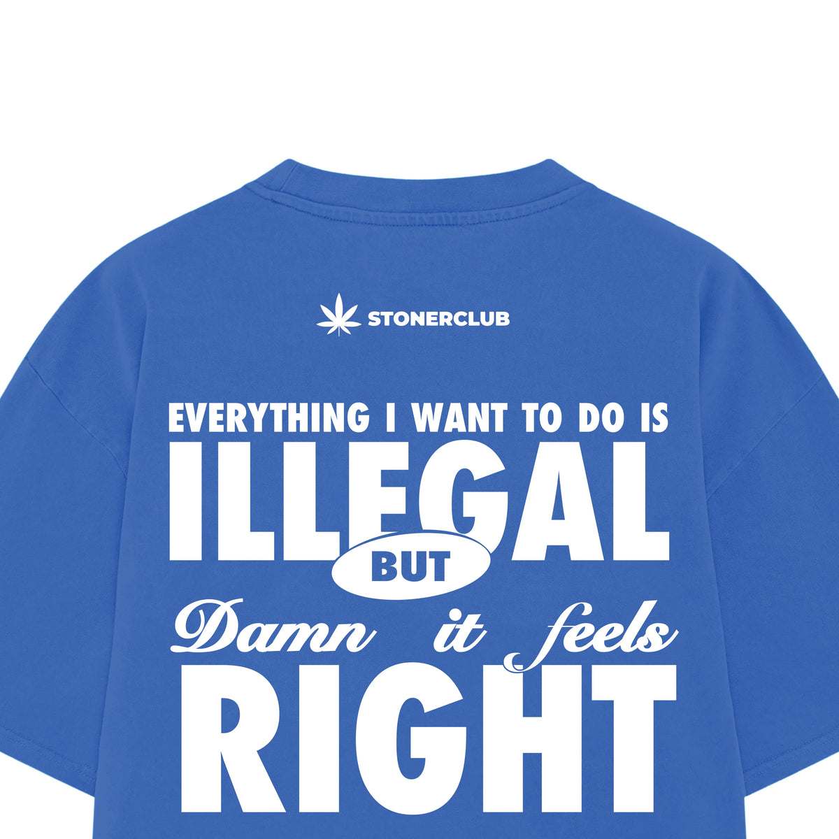 Blue graphic T-shirt with large back print 'ILLEGAL BUT RIGHT' and script 'damn it feels'