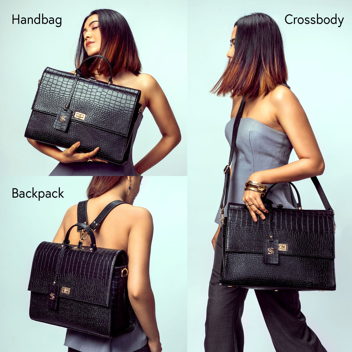 Convertible work bag displayed as handbag, crossbody, and backpack with straps attached.