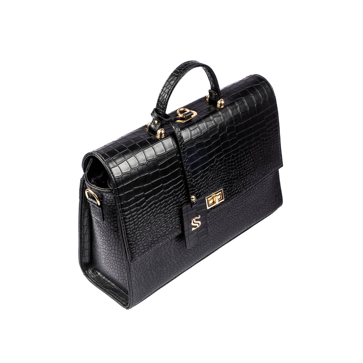 Dark croc-texture briefcase with top handle, front flap, and gold-tone lock plate.