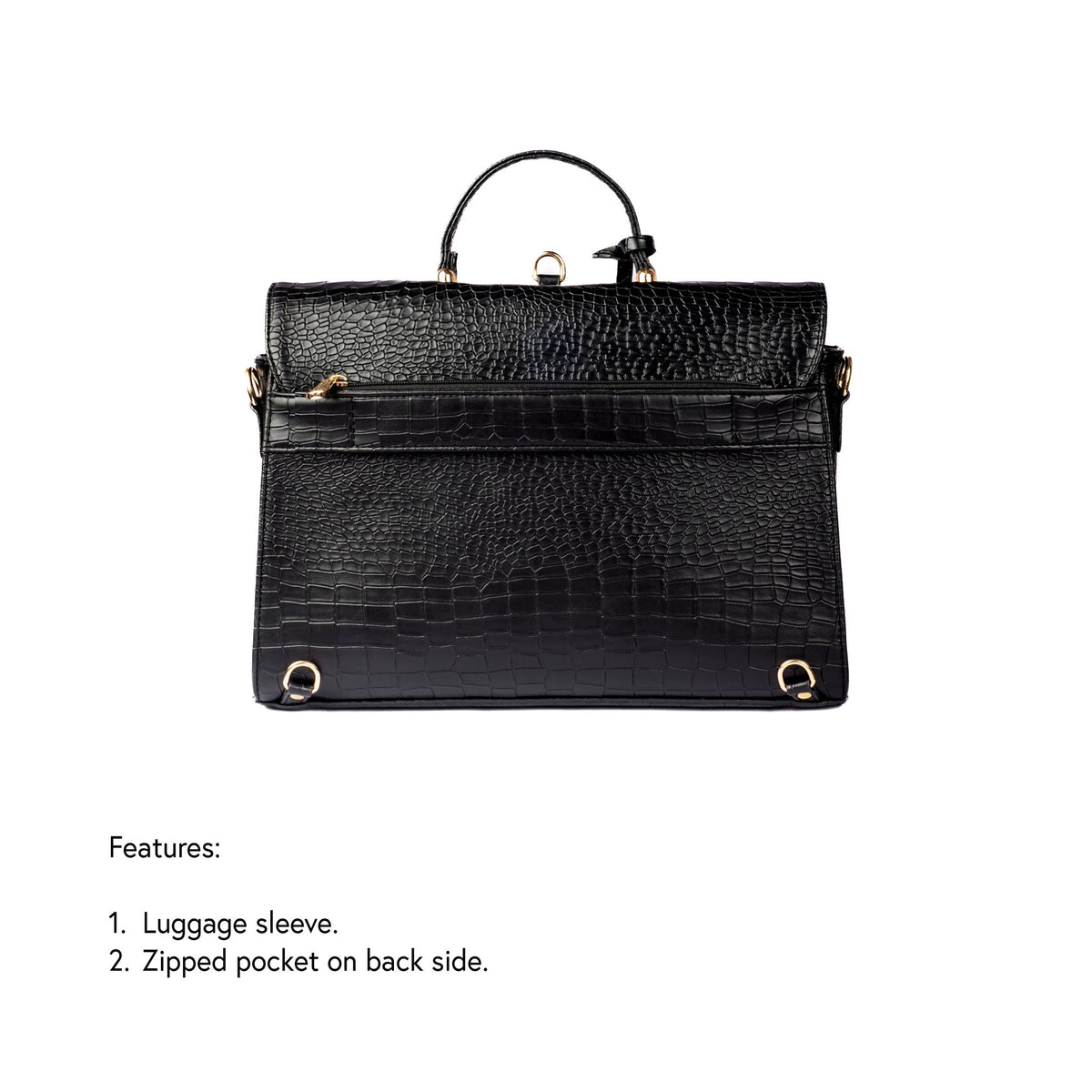 Dark briefcase with flap closure, luggage sleeve, and back-side zipped pocket.