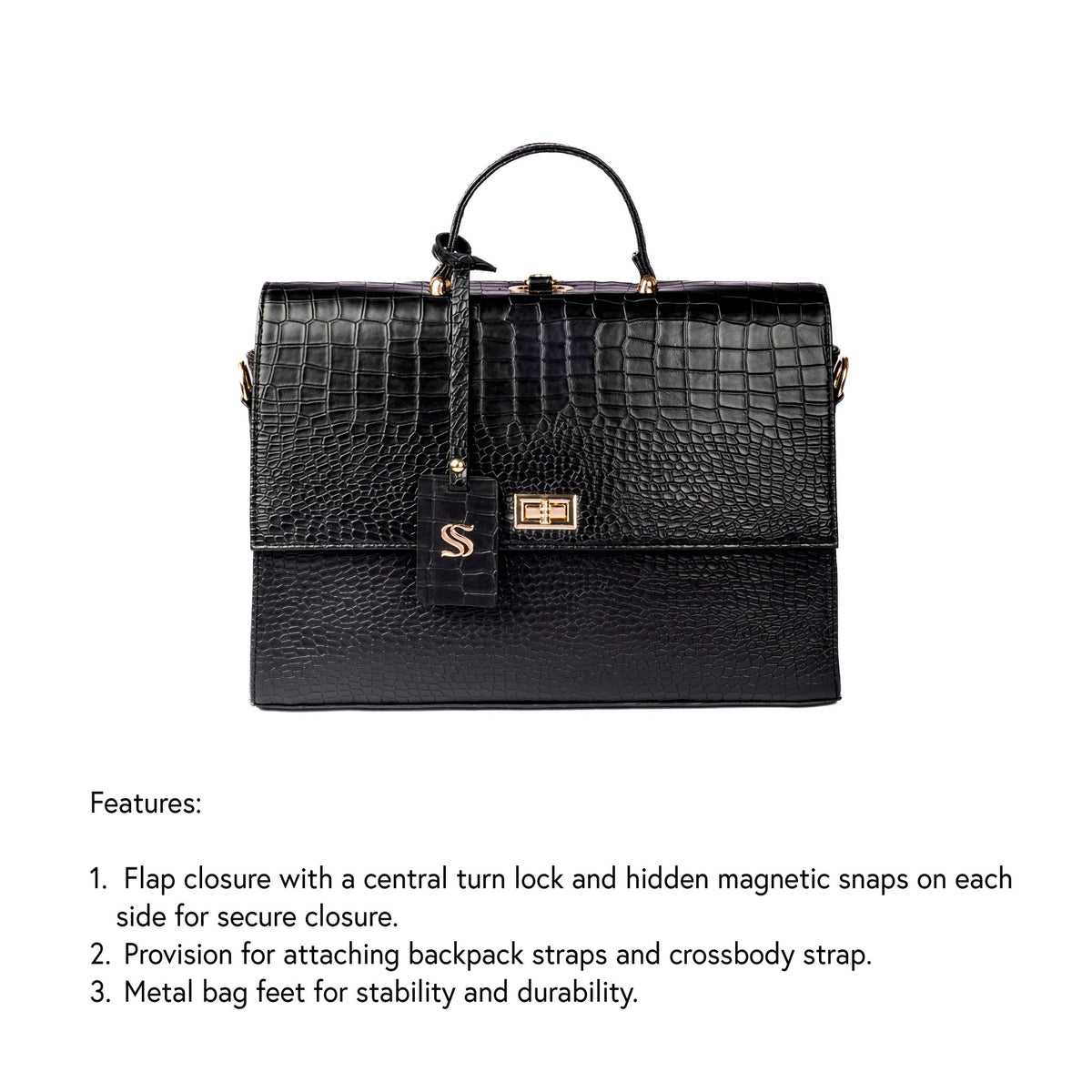 Dark briefcase with turn-lock flap closure, hidden magnetic snaps, and metal feet.