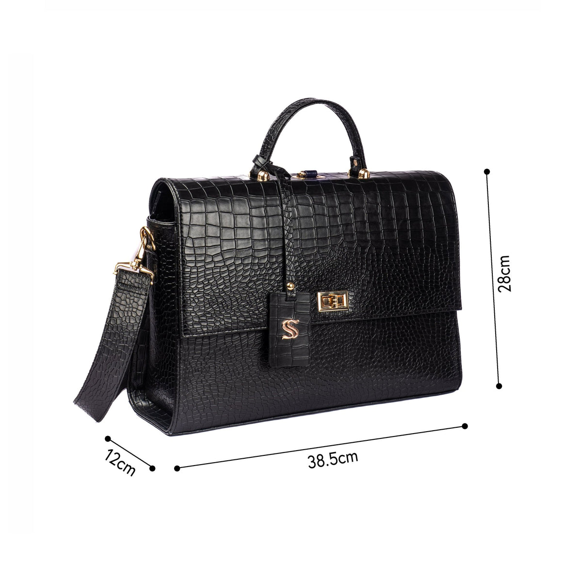 Dark croc-texture briefcase with shoulder strap; 38.5 cm x 28 cm dimensions.