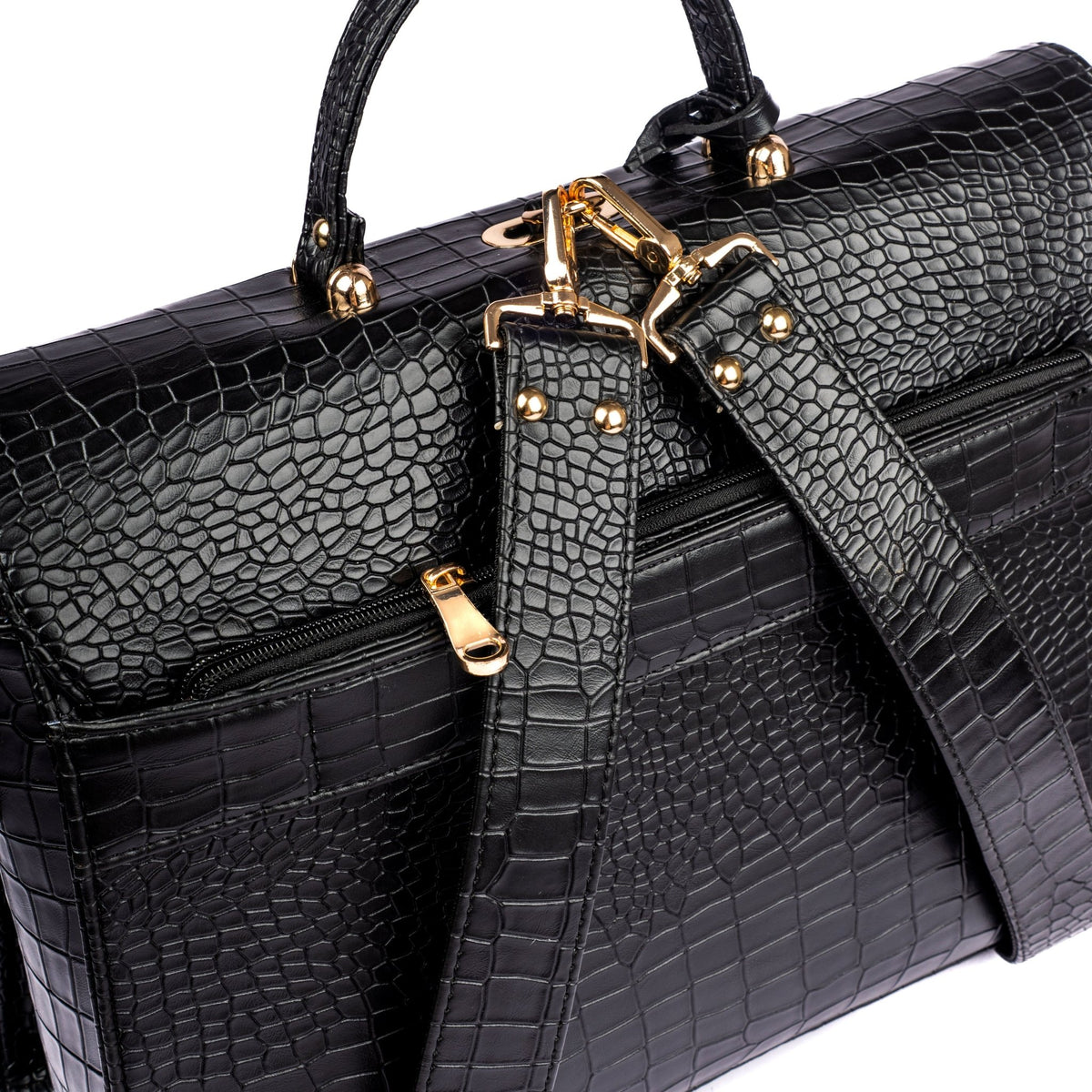 Dark croc-texture bag with top handles and gold buckles on the front flap.