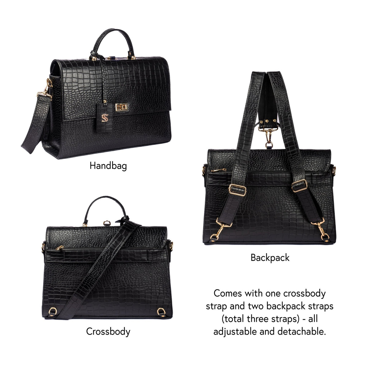 Convertible work bag with crossbody strap and backpack straps; adjustable and detachable.