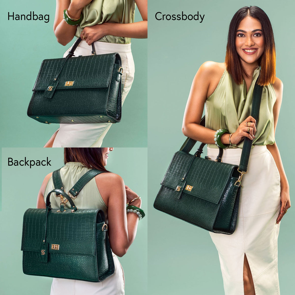 Dark green croc-texture convertible bag worn as handbag, crossbody, and backpack