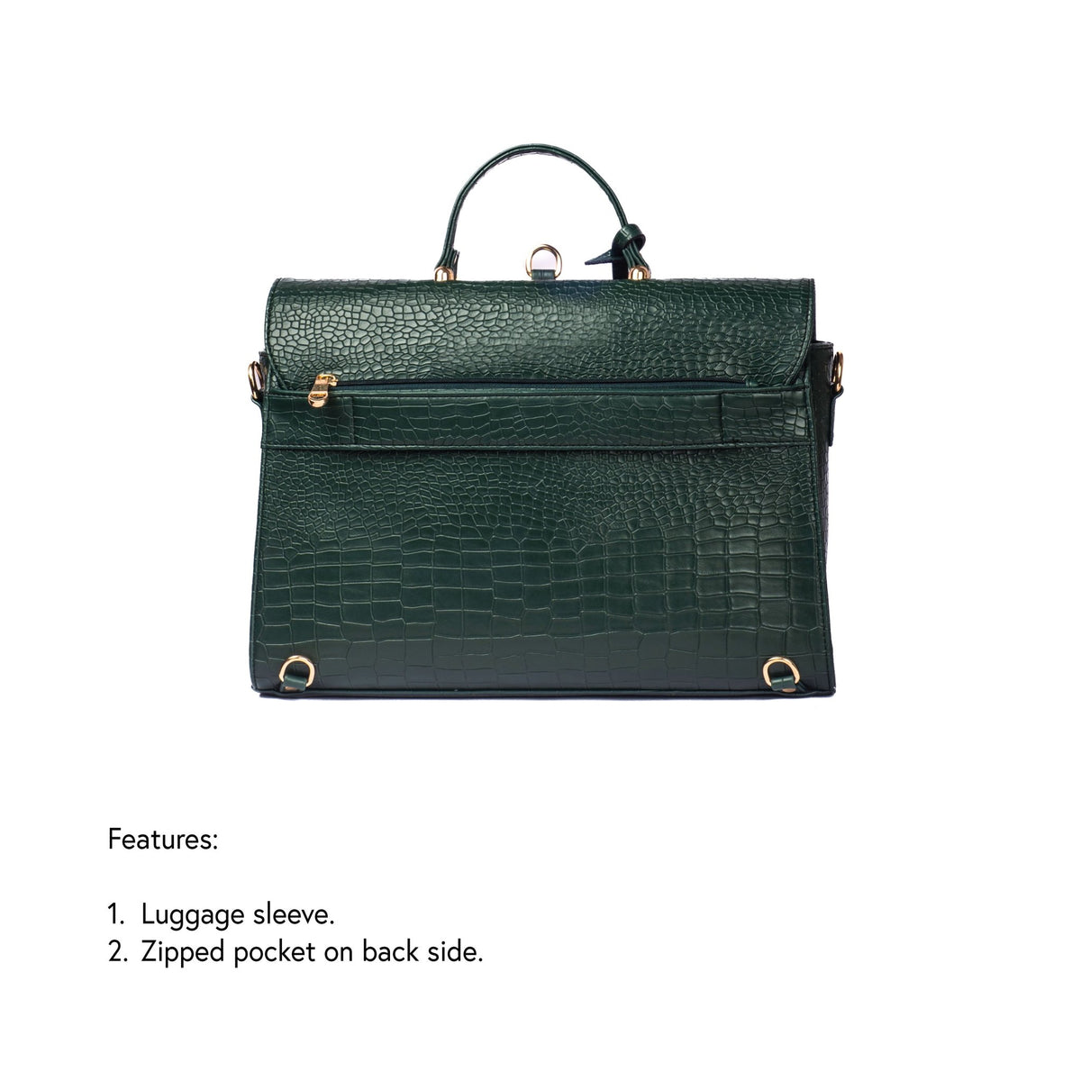 Dark green croc-texture briefcase-style bag with top handle and front flap