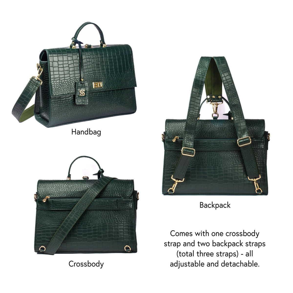 Convertible dark green croc-texture bag shown as handbag, crossbody, and backpack