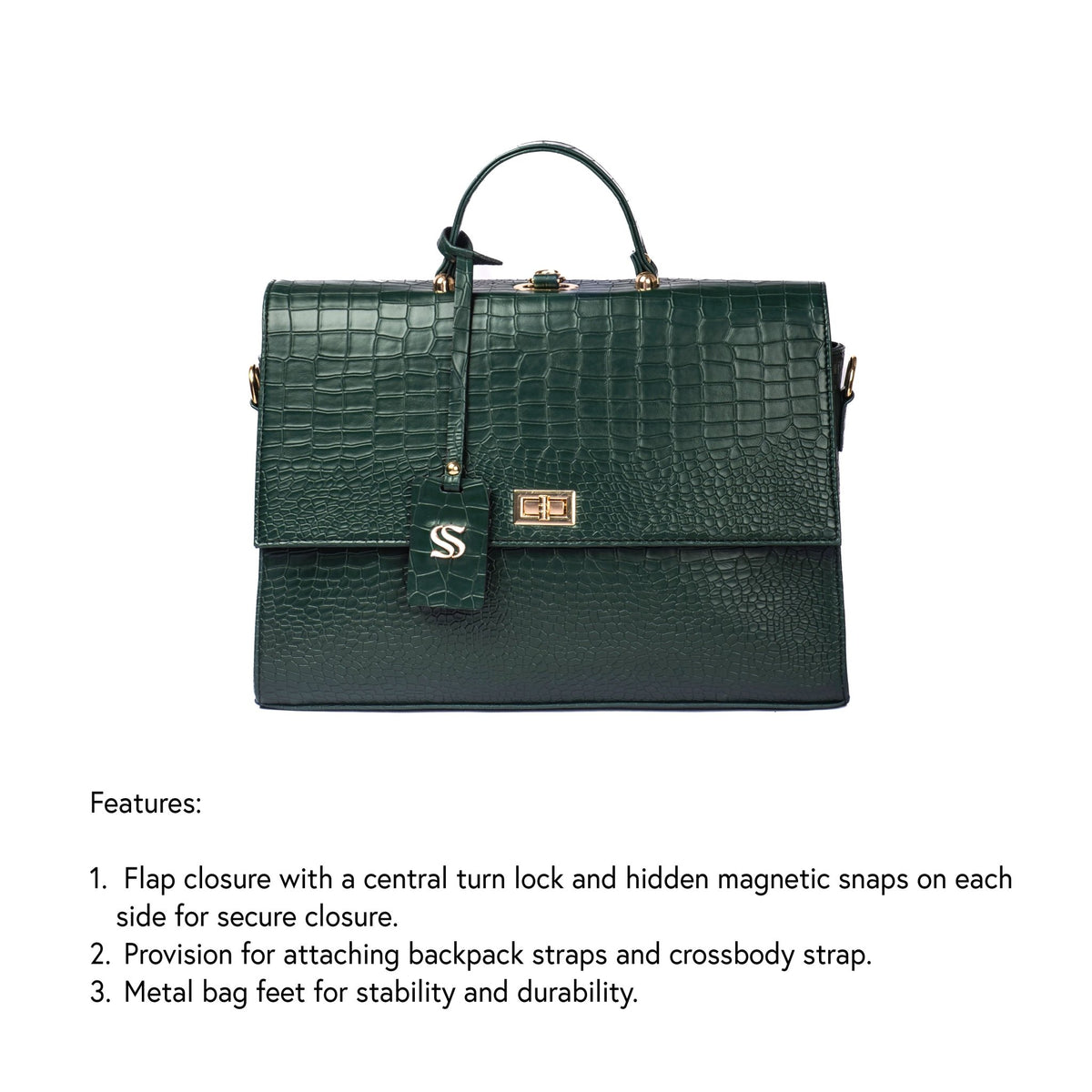 Front view of dark green croc-texture flap bag with gold-tone turn lock details
