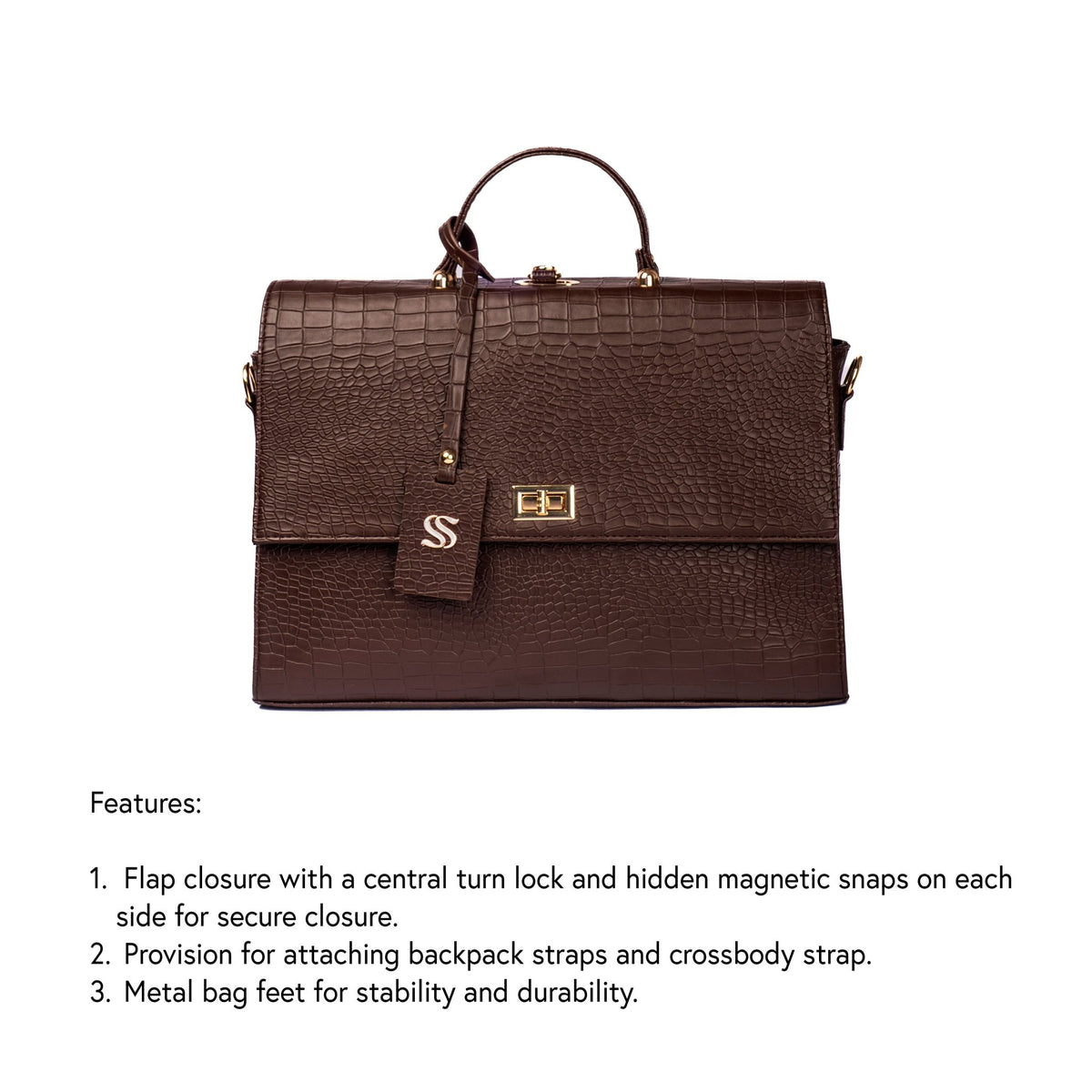 Mahogany brown croc-textured work bag with front flap, turn-lock closure, and strap attachment points.