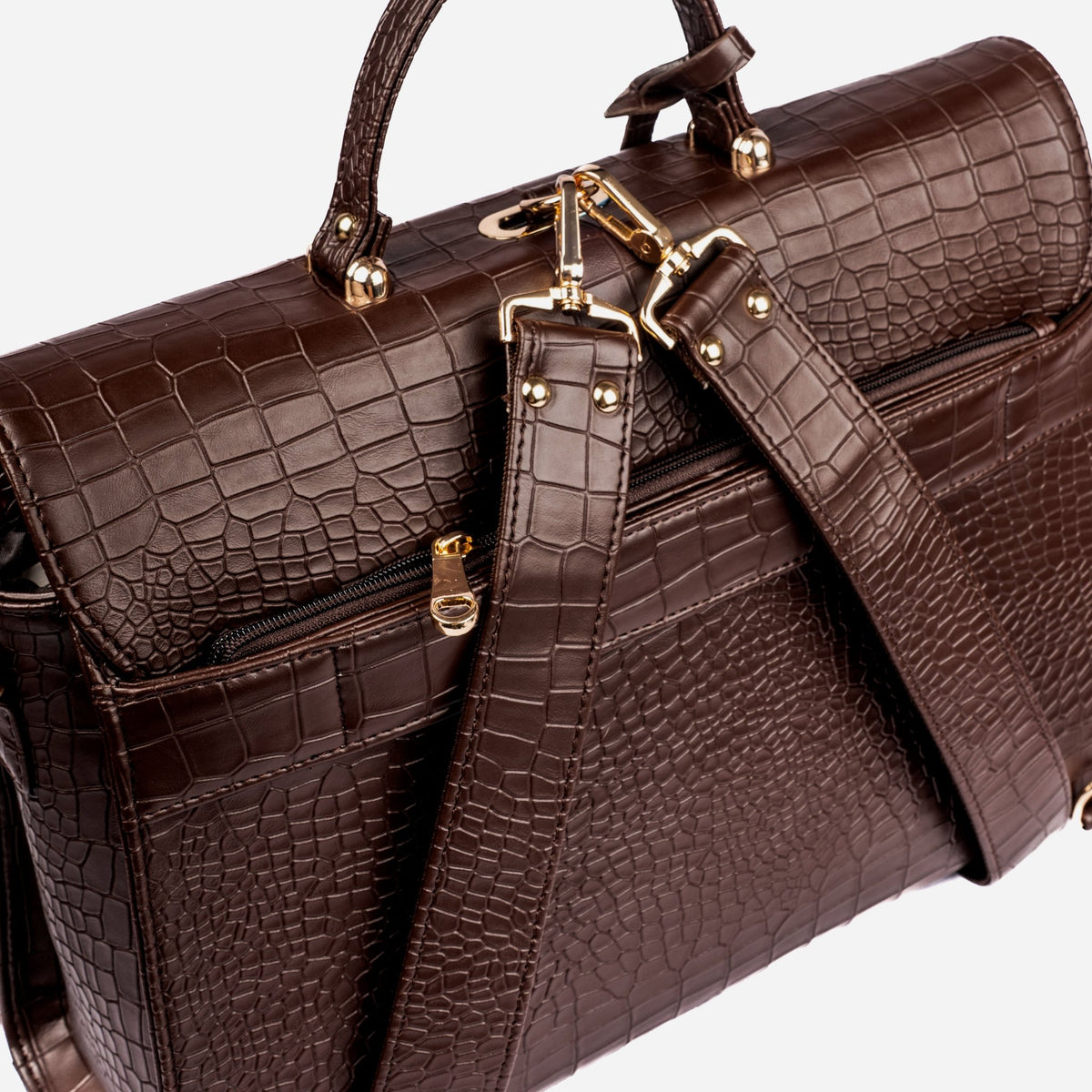 Mahogany brown croc-textured work bag with gold-tone hardware, top handle, and strap details.