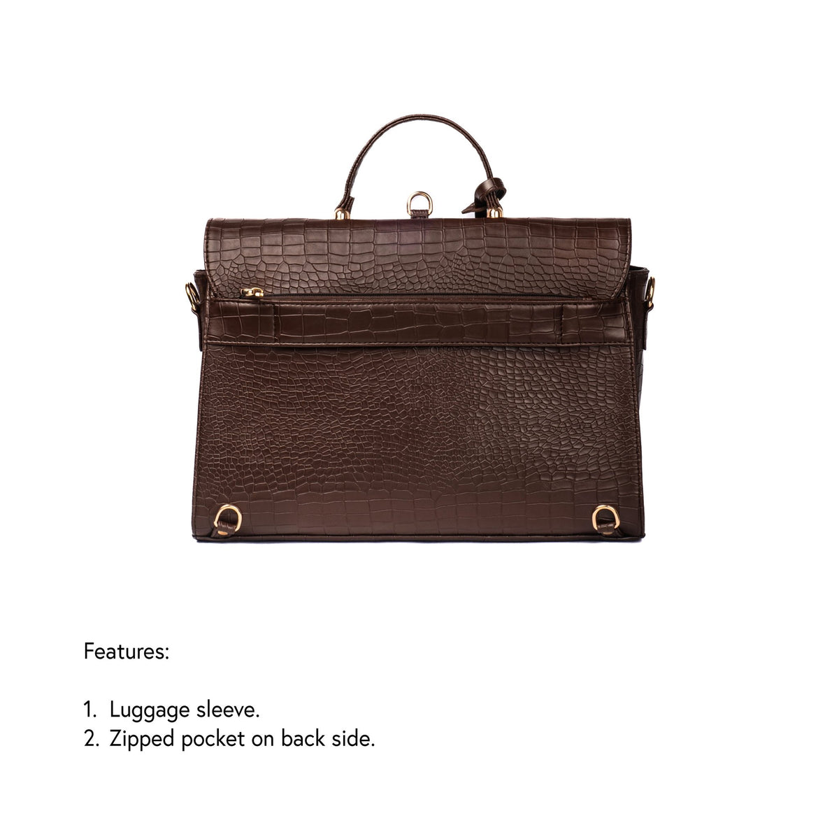 Mahogany brown croc-textured work bag with top handle and front flap closure.