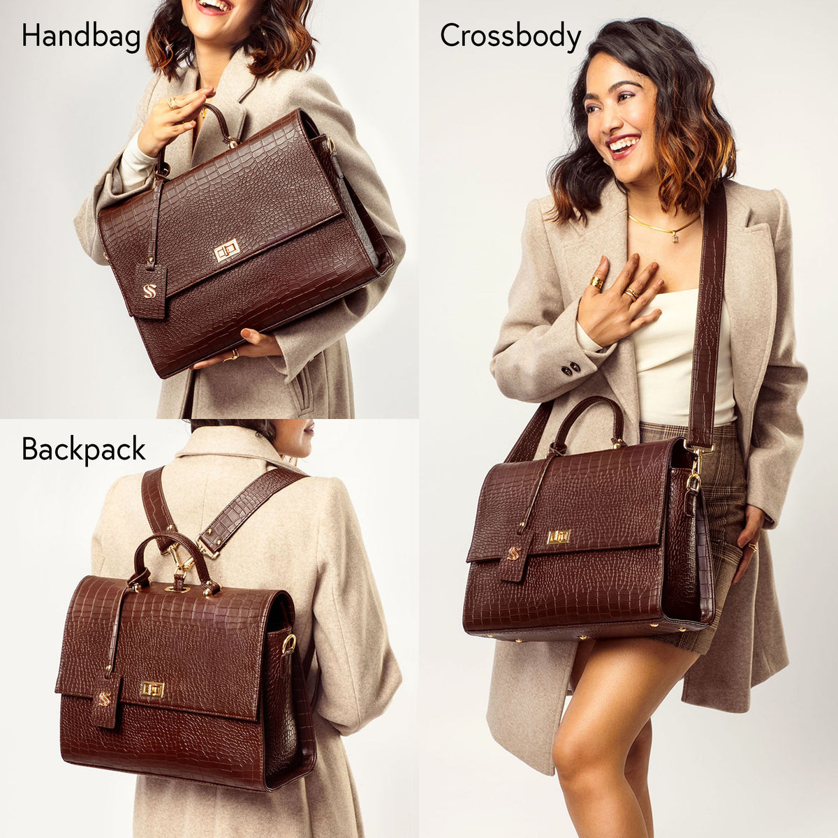 Mahogany brown convertible work bag with top handles, crossbody strap, and backpack straps.