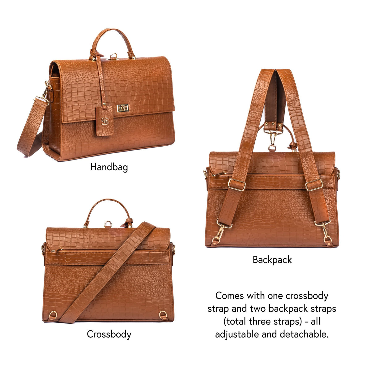 Mocha croc-texture convertible bag shown as handbag, backpack, and crossbody