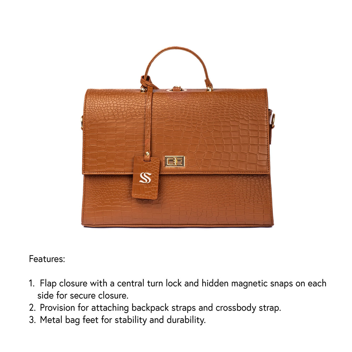 Mocha croc-texture top-flap bag with central turn-lock and snap closures