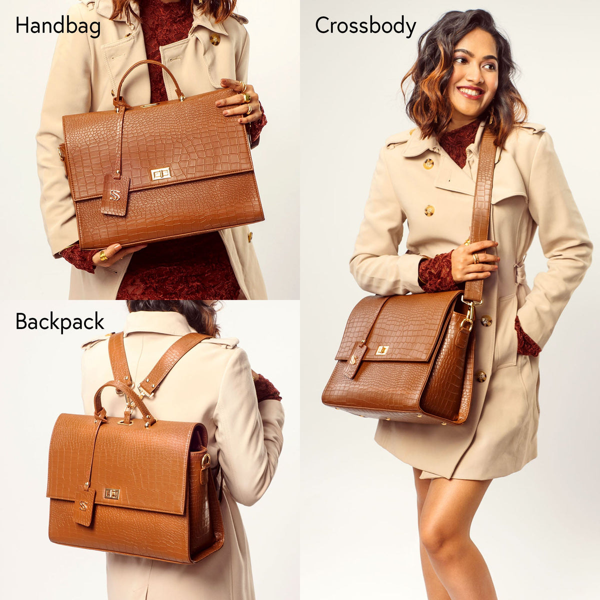 Mocha croc-texture convertible work bag styled as handbag, backpack, and crossbody