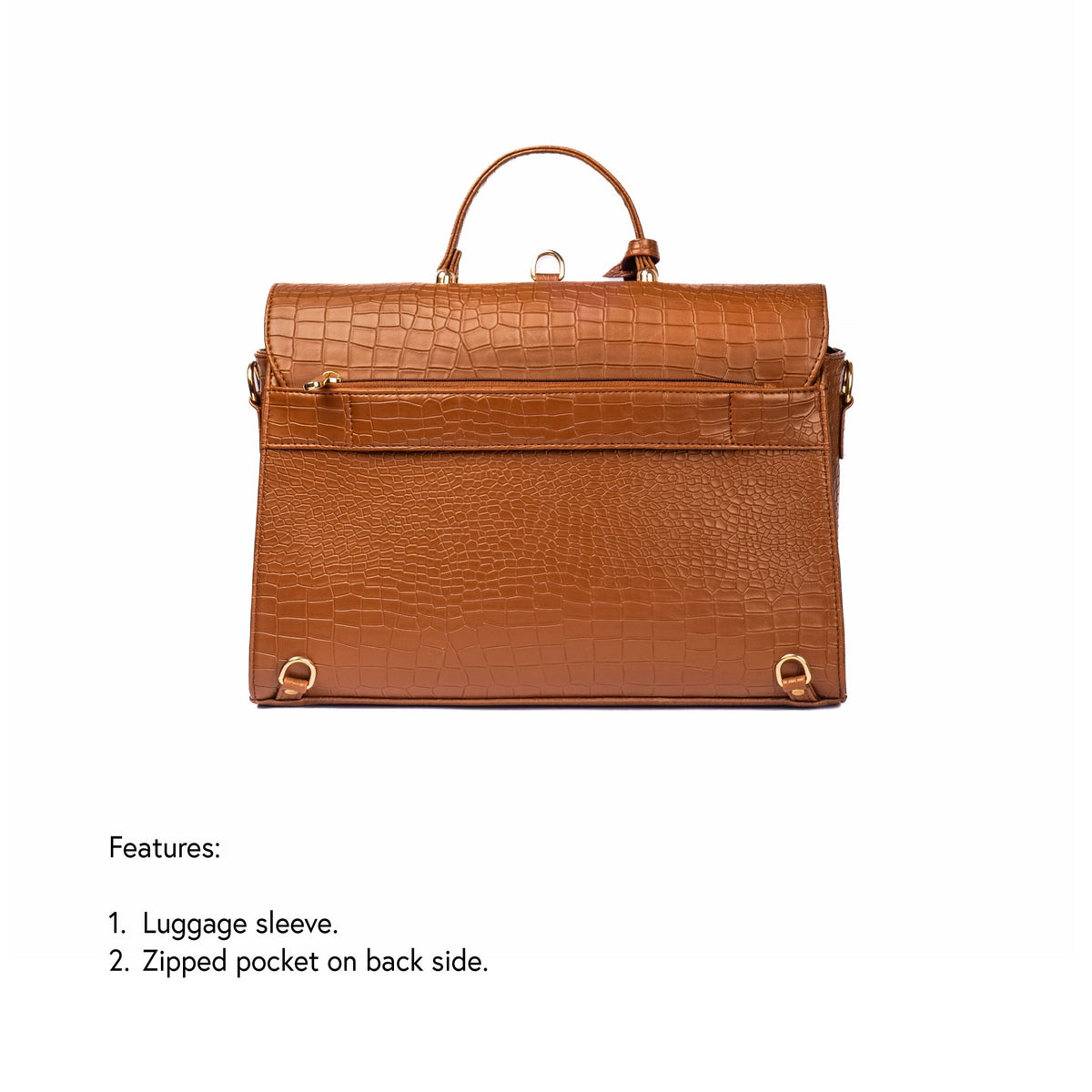 Rectangular mocha-brown briefcase bag with top handle and front latch hardware