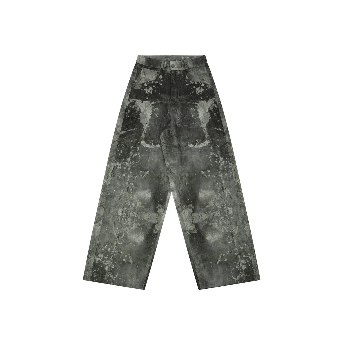 Wide-leg pants with charcoal-gray distressed concrete print