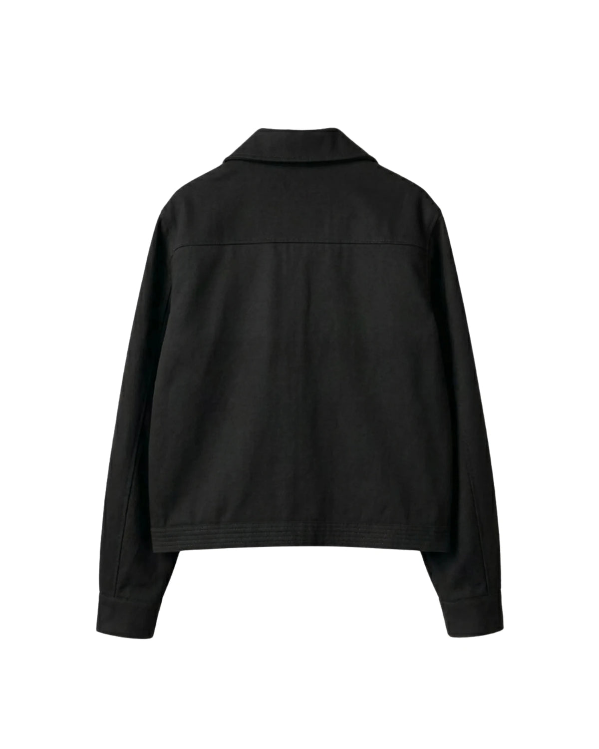 Black solid-back jacket with stand collar and long sleeves, cropped hem